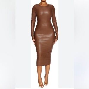 Elegant Brown Faux Leather Dress